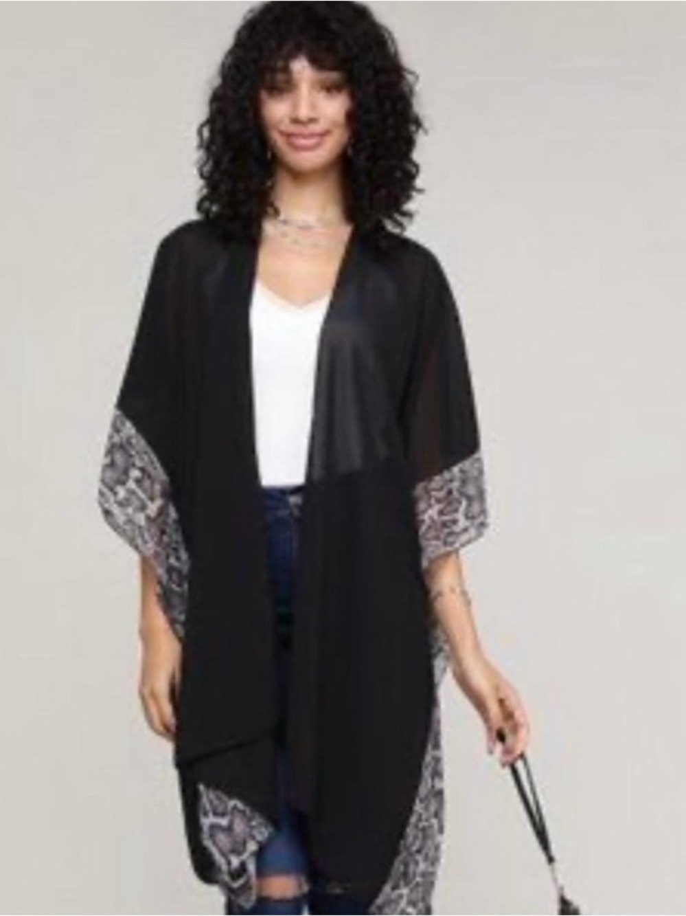 Black Chiffon Kimono Cardigan Snakeskin Trim Resortwear Boho xl